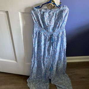 This is a light blue with pink flower romper